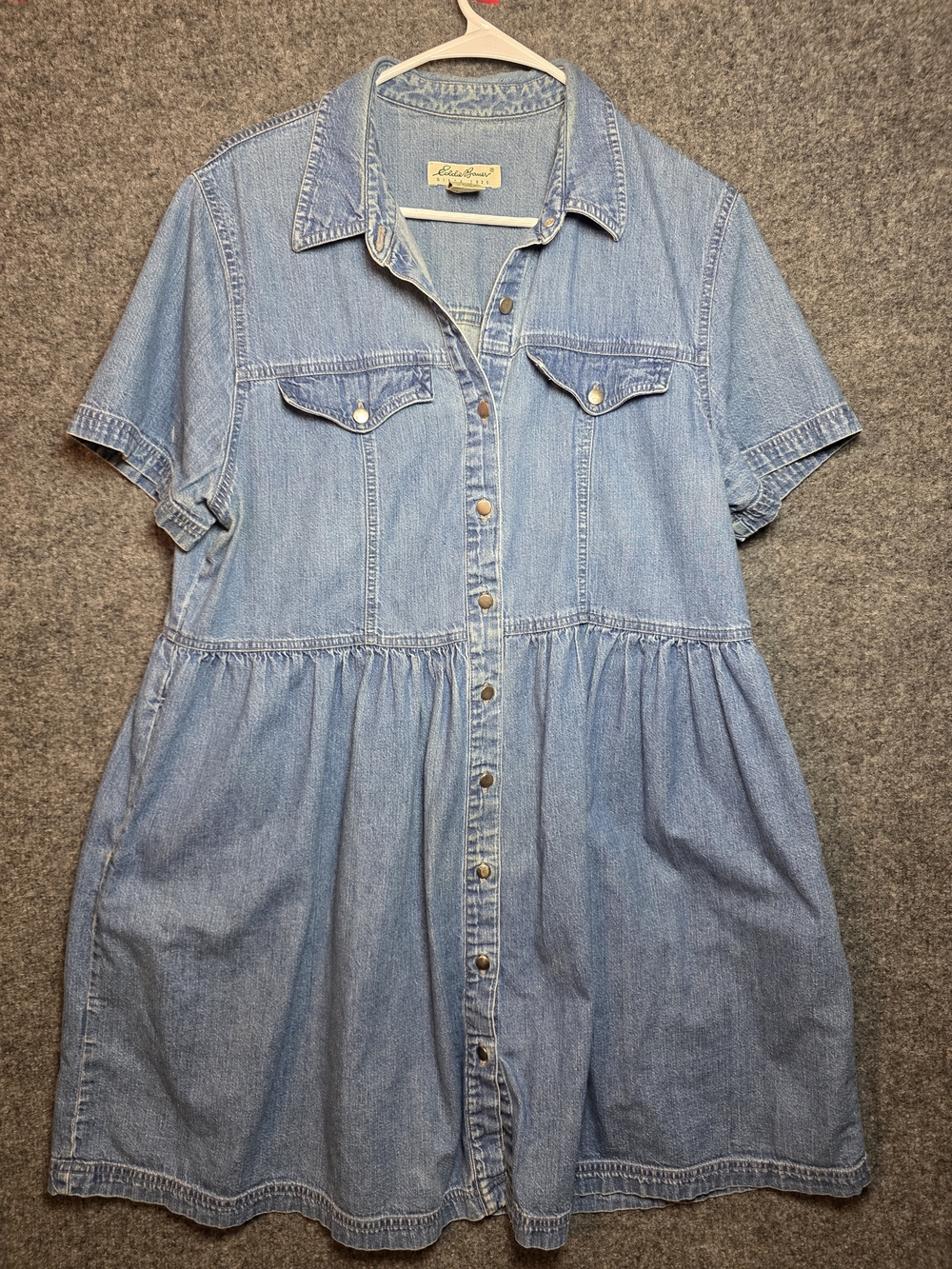 VTG Eddie Bauer Denim Babydoll Dress Womens XL Short Sleeve Button Blue Cotton